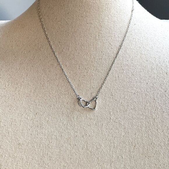 Double Interlocking Silver Hearts Layering Love Friendship Necklace + Gift Pouch - Picture 7 of 12